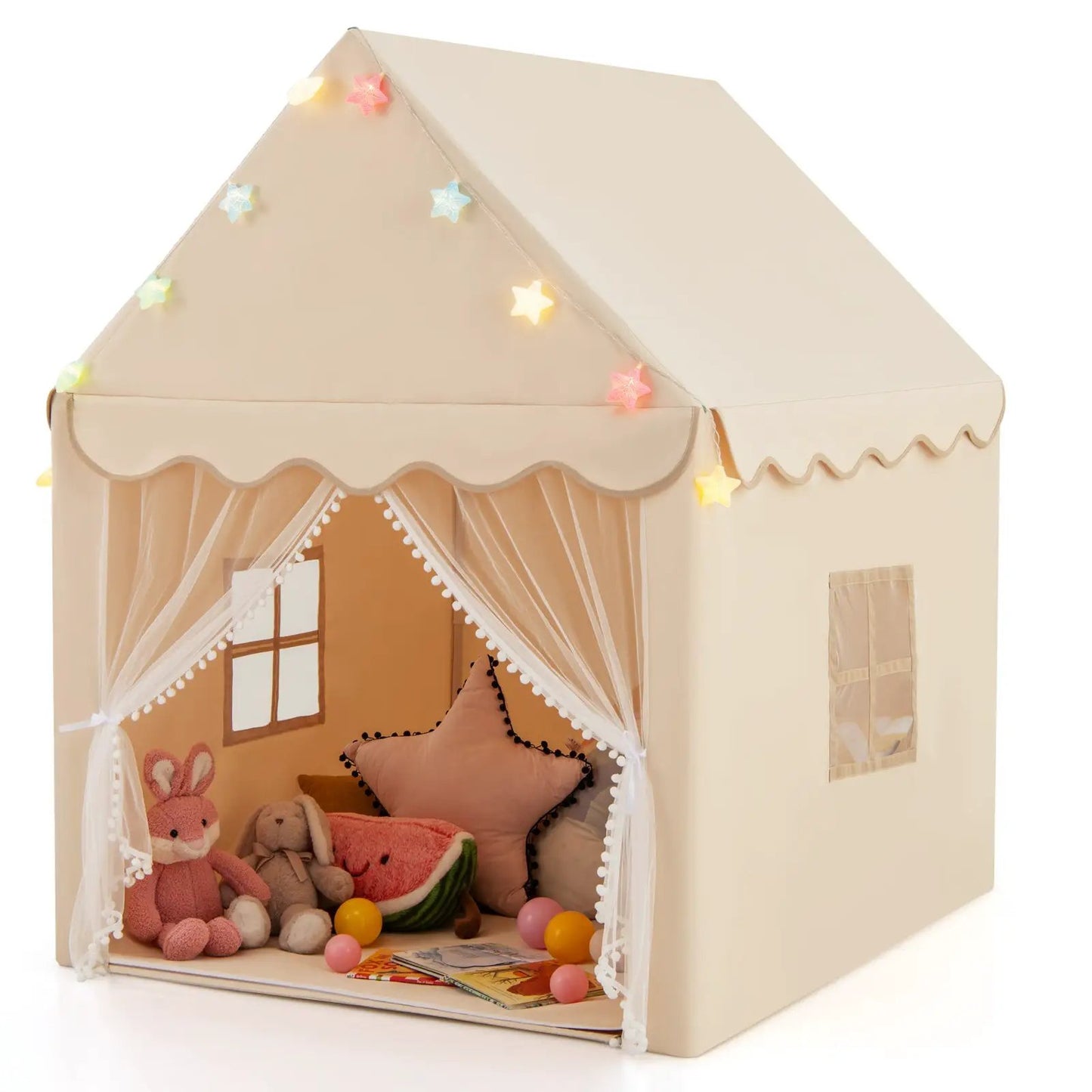 Kids Playhouse Tent with Star Lights and Mat in beige fabric, DirectDeals play tent on Tampa Home & Garden Store