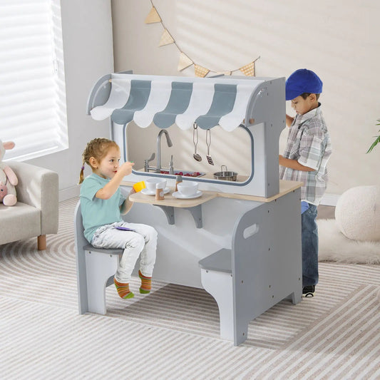 Double-Sided Kids Kitchen Playset with 2-Seat Gray Cafe, hanging utensils on Tampa Home & Garden Store