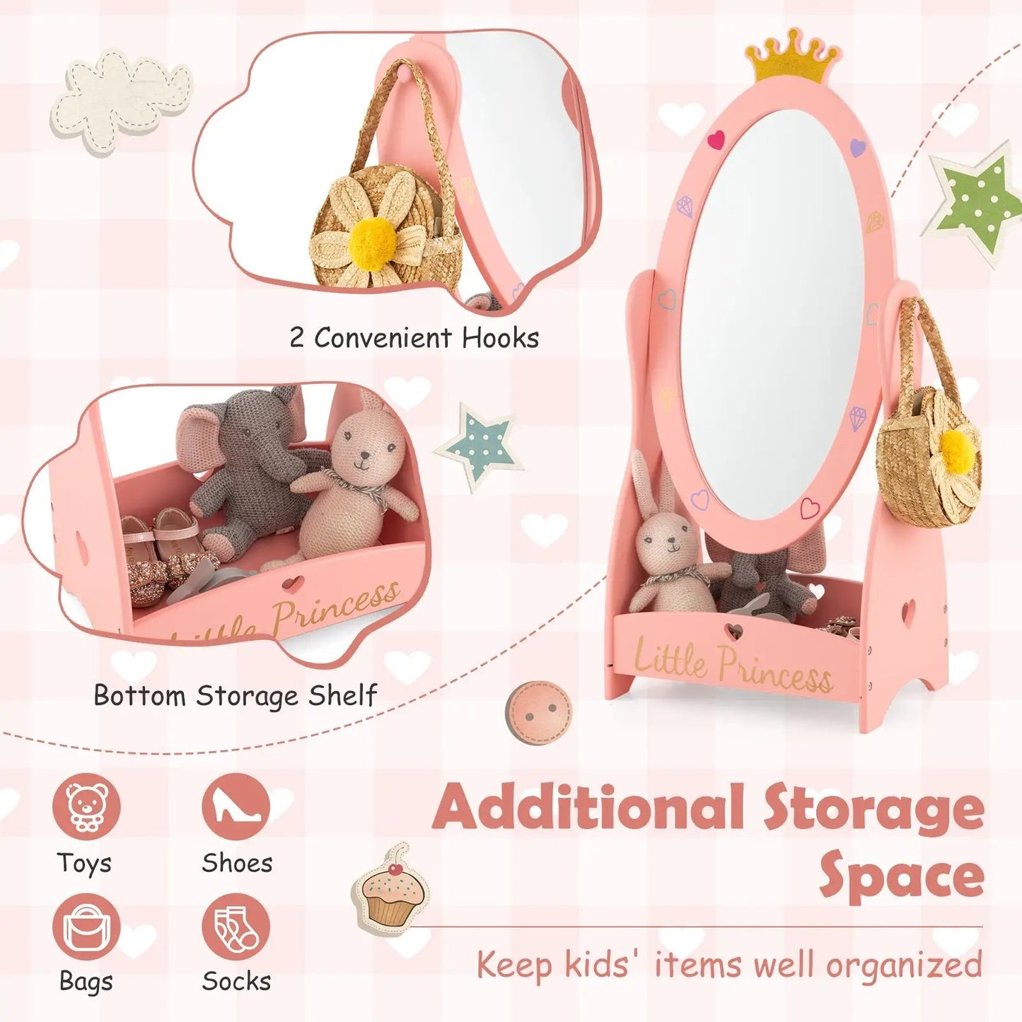 Kids full-length mirror with 360 degree rotatable pink frame and 2 hooks on Tampa Home & Garden Store