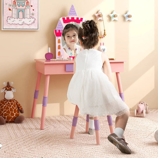 Kids Princess Vanity Table and Stool Set with mirror, pink castle frame and drawer on Tampa Home & Garden Store