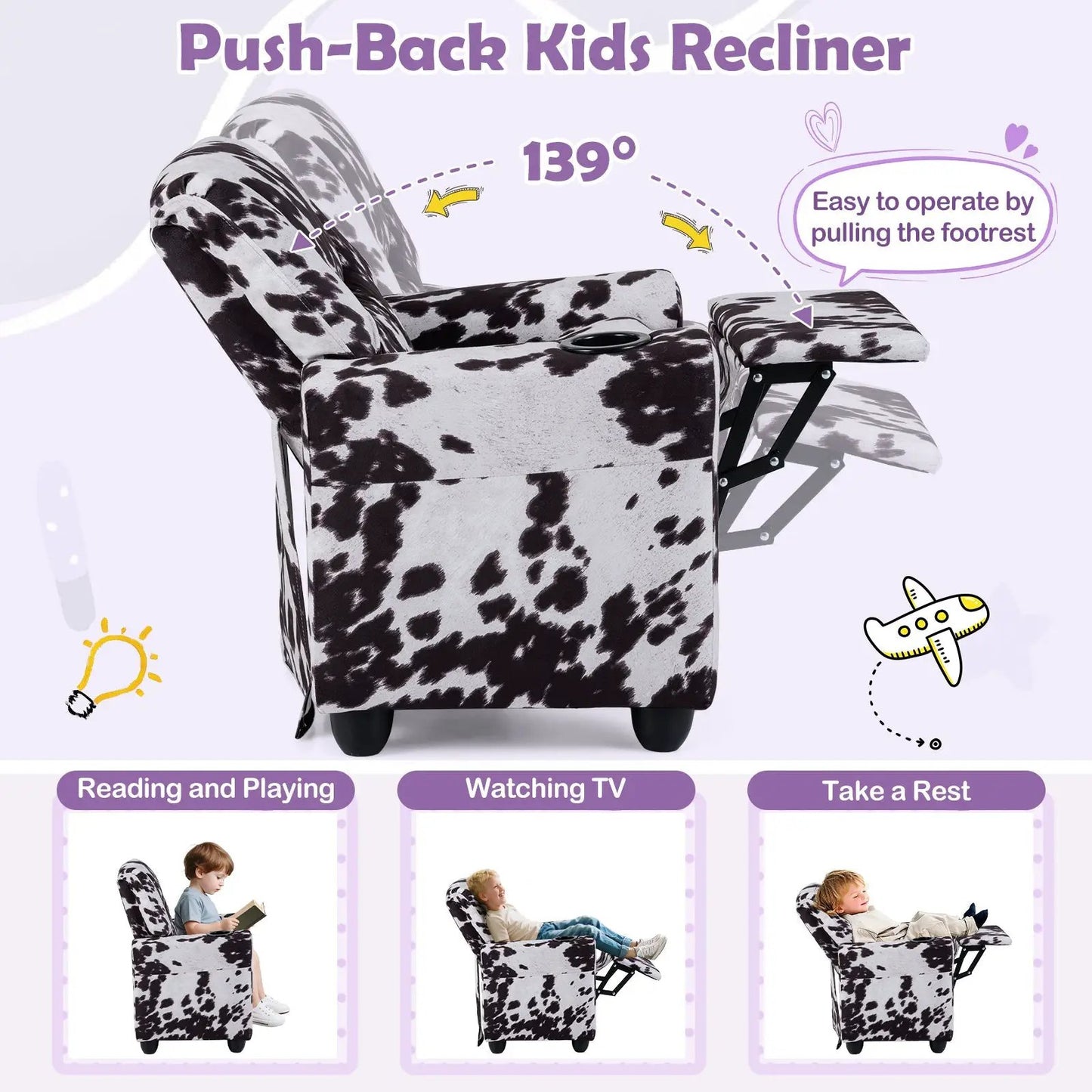 DirectDeals Kids Recliner Chair cow-print fabric with cup holder and footrest on Tampa Home & Garden Store