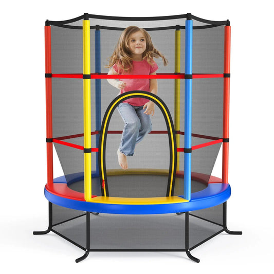 55-inch kids trampoline with enclosure net and colorful red yellow blue poles on Tampa Home & Garden Store
