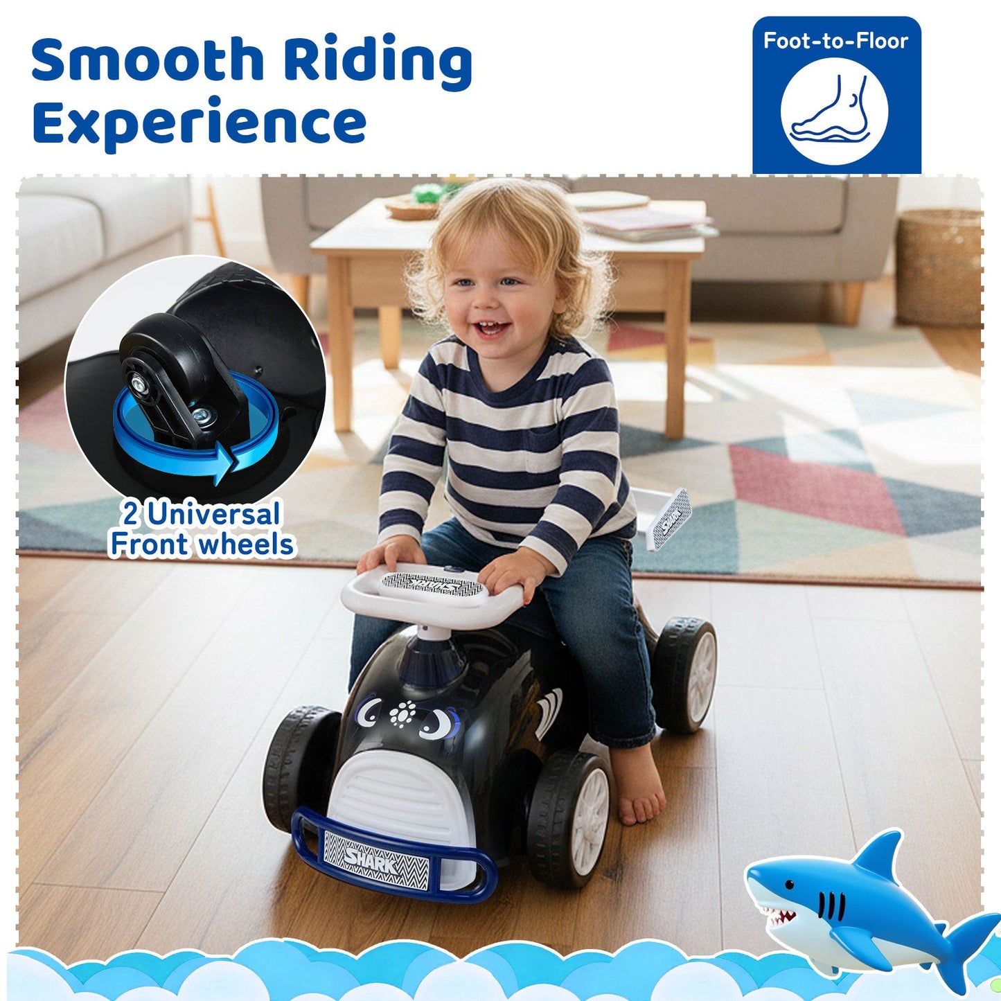 Kids Ride Car With Music and Under-Seat Storage black ride-on with blue accents DirectDeals on Tampa Home & Garden Store