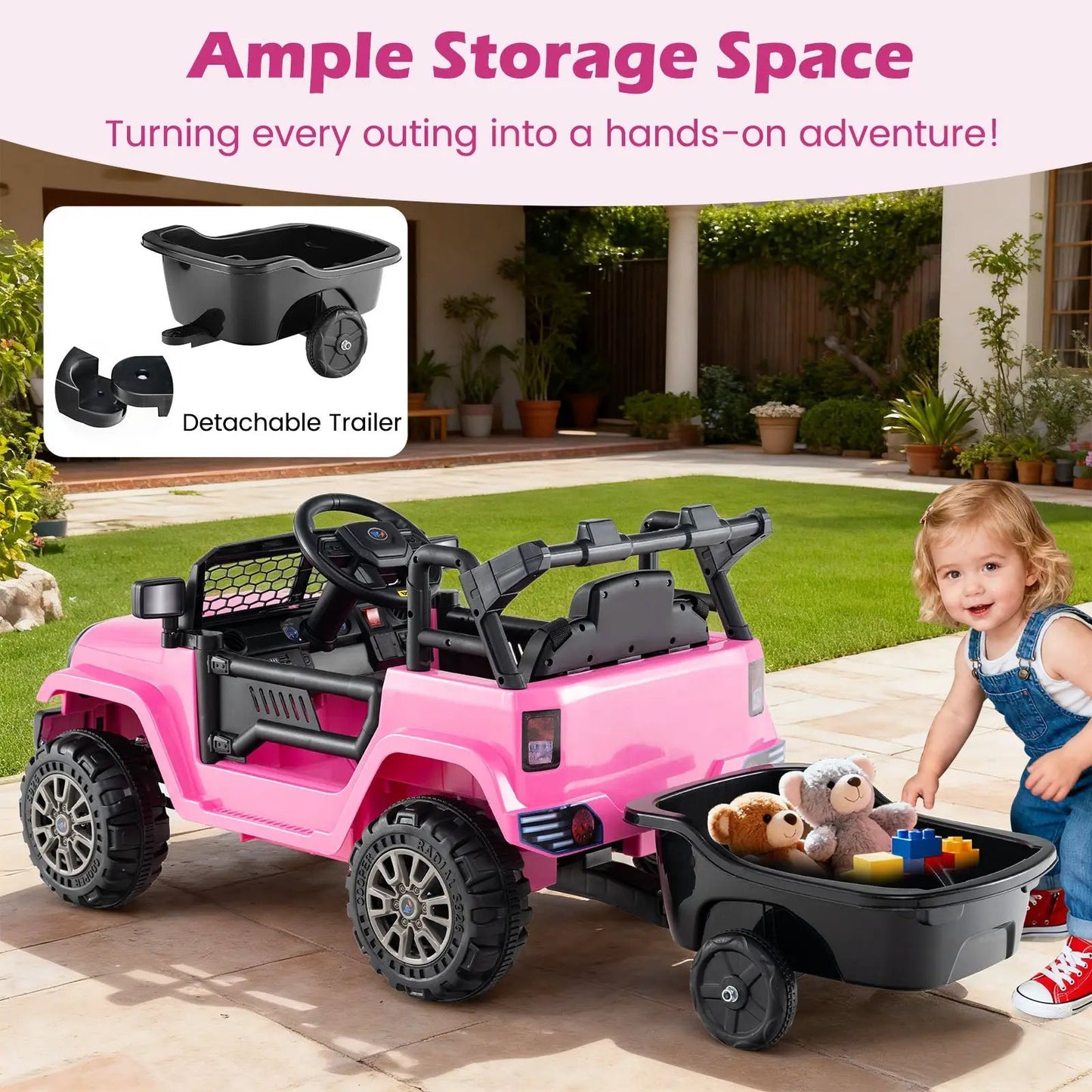 Kids ride-on UTV car with detachable trailer, pink 12V electric vehicle DirectDeals on Tampa Home & Garden Store