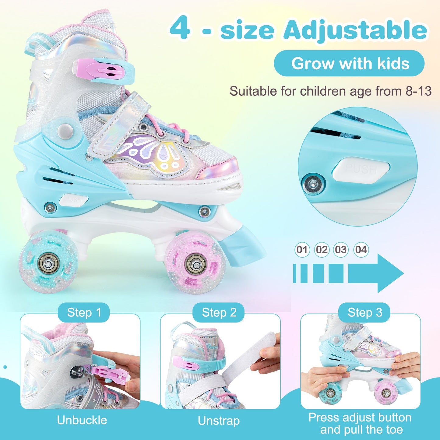 Kids adjustable quad roller skate with light-up wheels in pastel blue and pink by DirectDeals on Tampa Home & Garden Store