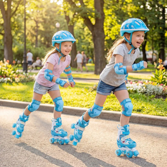 Kids blue roller skates with light-up wheels worn by two children in a park DirectDeals on Tampa Home & Garden Store