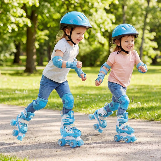 Kids Roller Skates adjustable light-up wheels, two kids in blue protective gear skating outdoors on Tampa Home & Garden Store