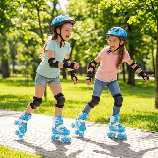 Kids roller skates with light-up blue wheels worn by two children in protective gear on Tampa Home & Garden Store
