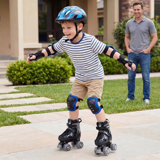 Kids adjustable quad roller skates with blue knee pads and helmet, outdoor skating scene on Tampa Home & Garden Store