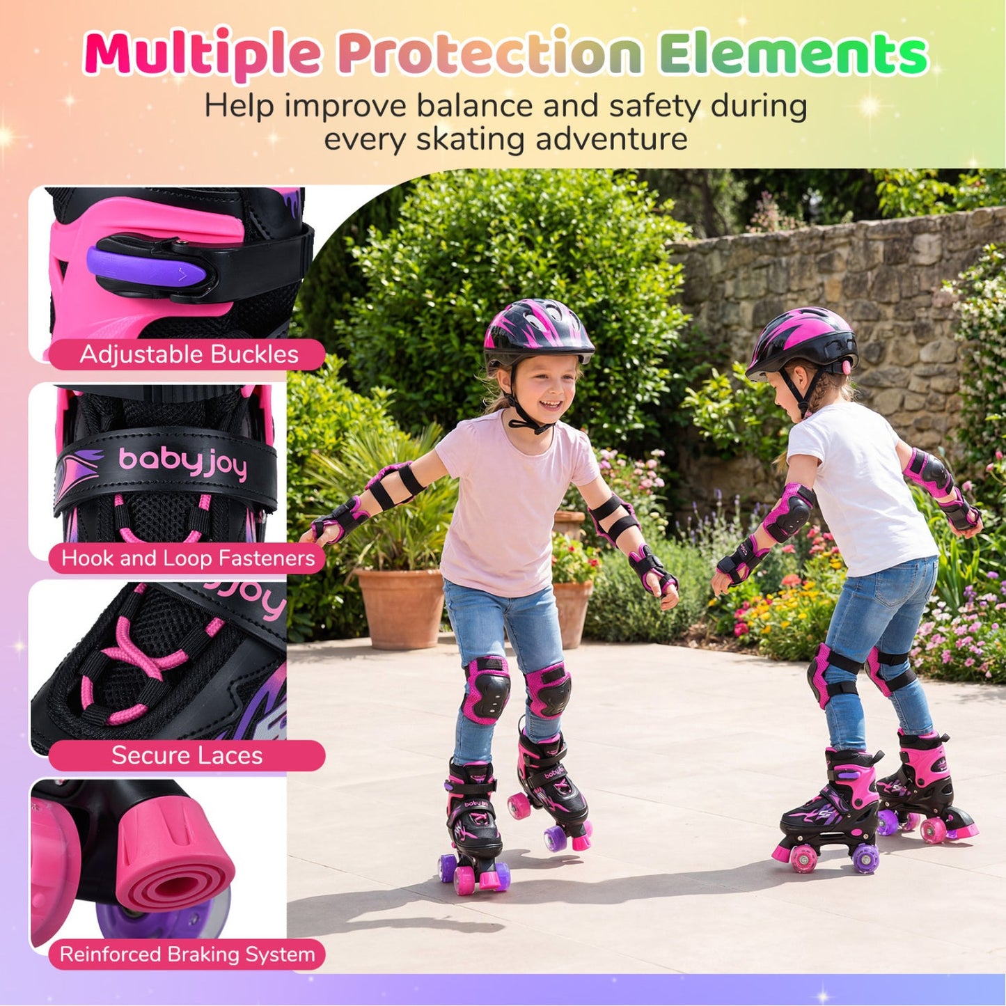 Kids Adjustable Quad Roller Skates with light up wheels pink and black buckles two kids on Tampa Home & Garden Store