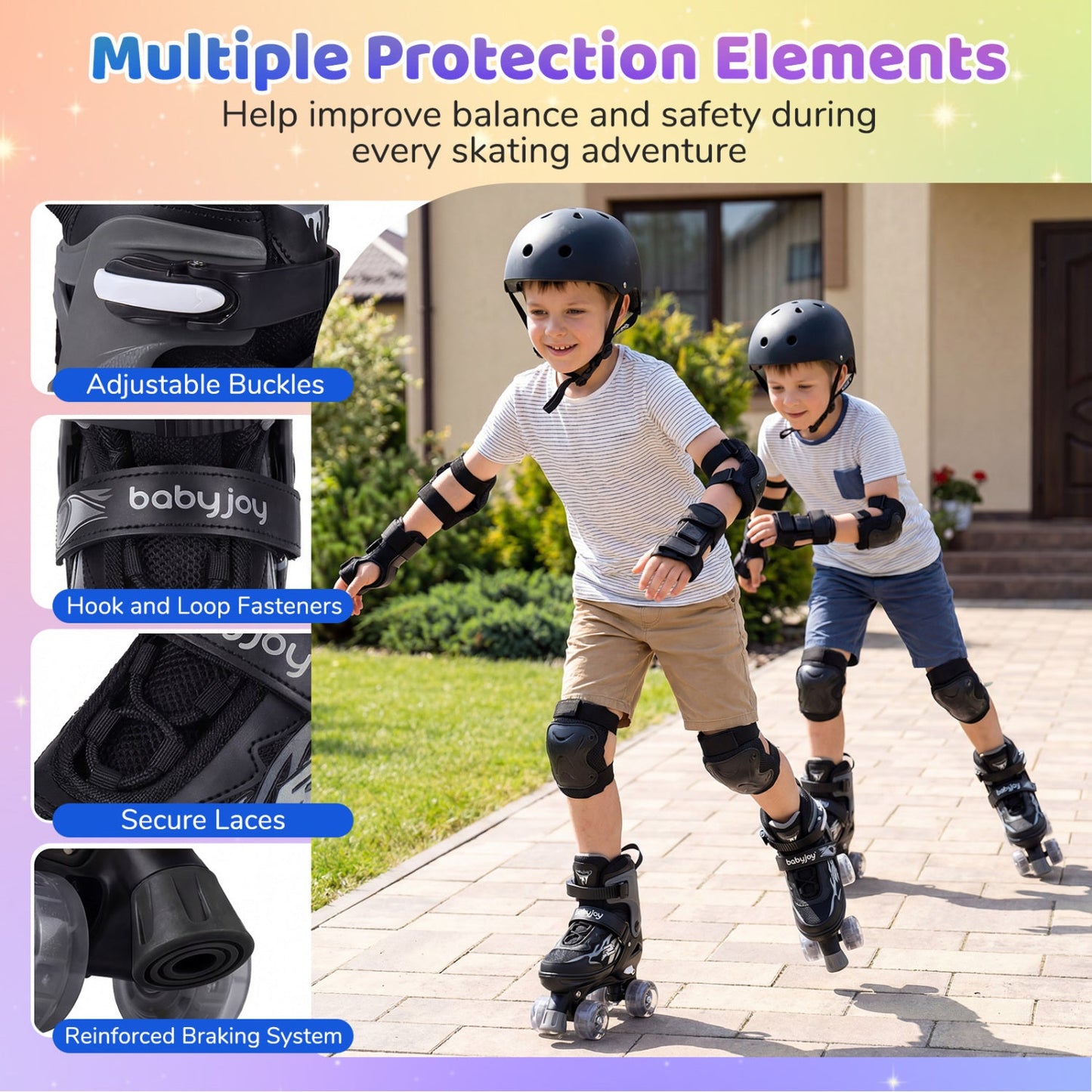 Kids adjustable quad skates with light-up wheels, black with buckles and secure laces on Tampa Home & Garden Store