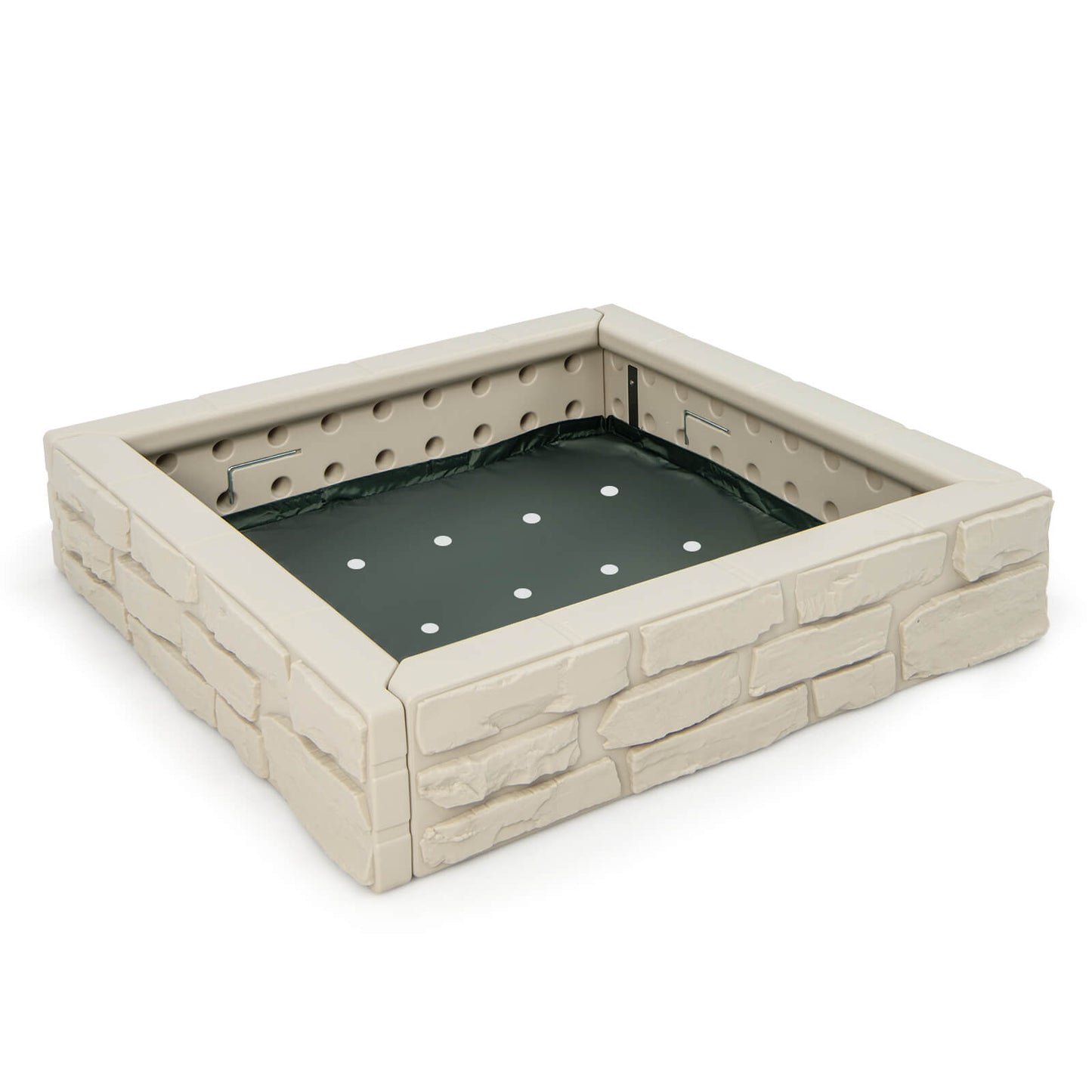 2-In-1 HDPE Sandbox with Cover and Bottom Liner beige stone frame and dark green liner on Tampa Home & Garden Store
