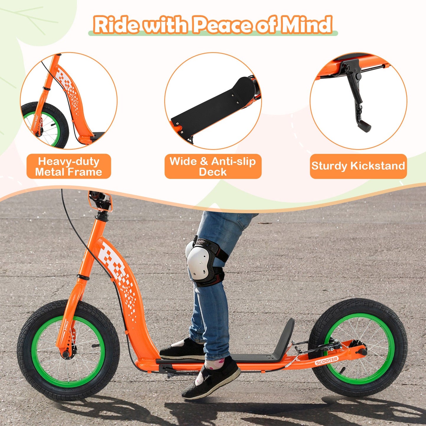 Kids scooter with adjustable handlebar, orange frame, black deck, and green 12-inch wheels on Tampa Home & Garden Store