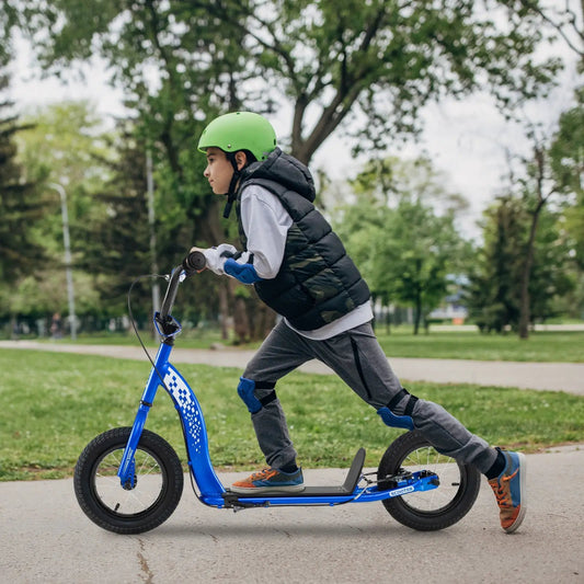 DirectDeals Kids Scooter blue with adjustable handlebar and wheels rider wearing green helmet on Tampa Home & Garden Store