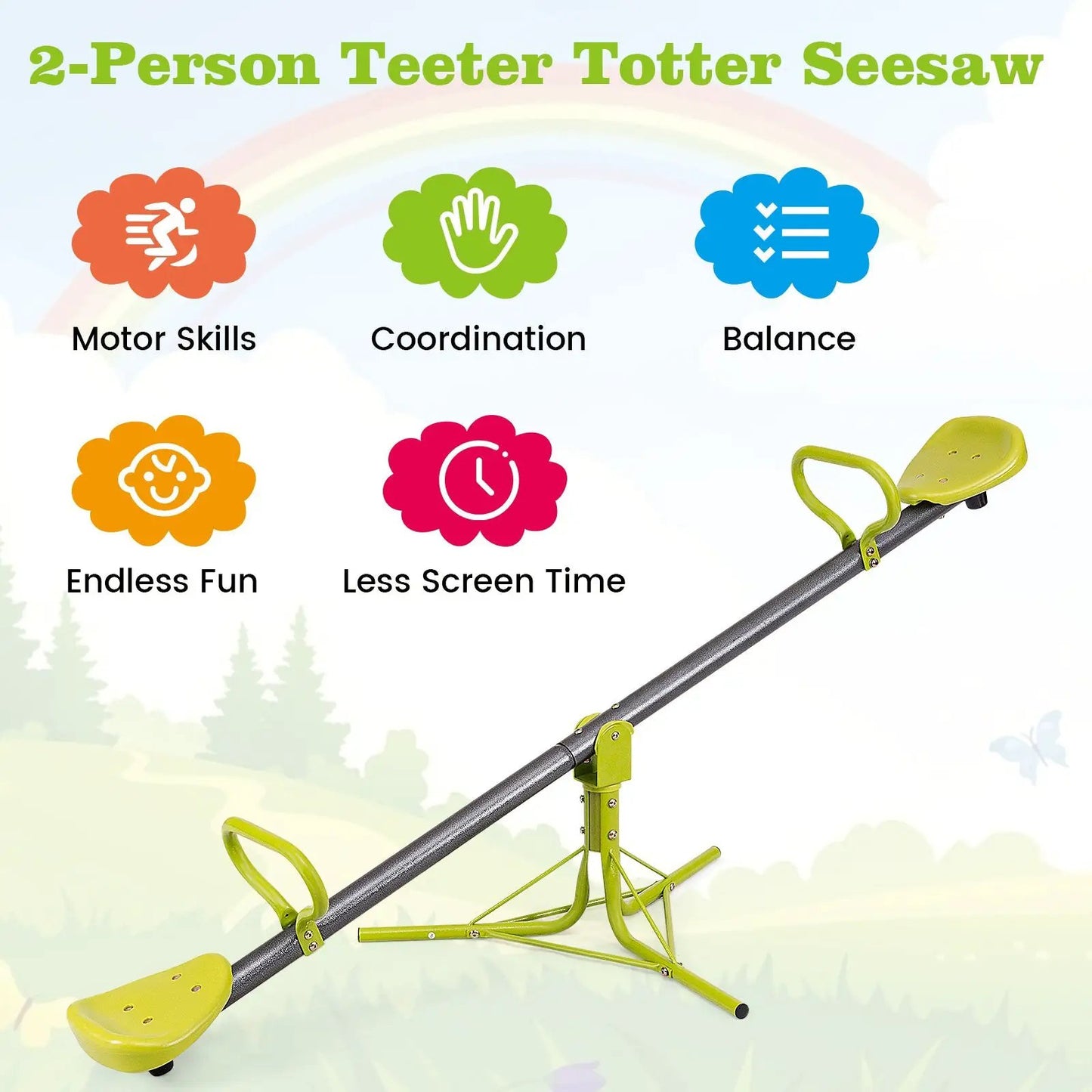 Kids Seesaw Swivel Teeter Totter for Two in lime green with gray steel frame and yellow seats on Tampa Home & Garden Store