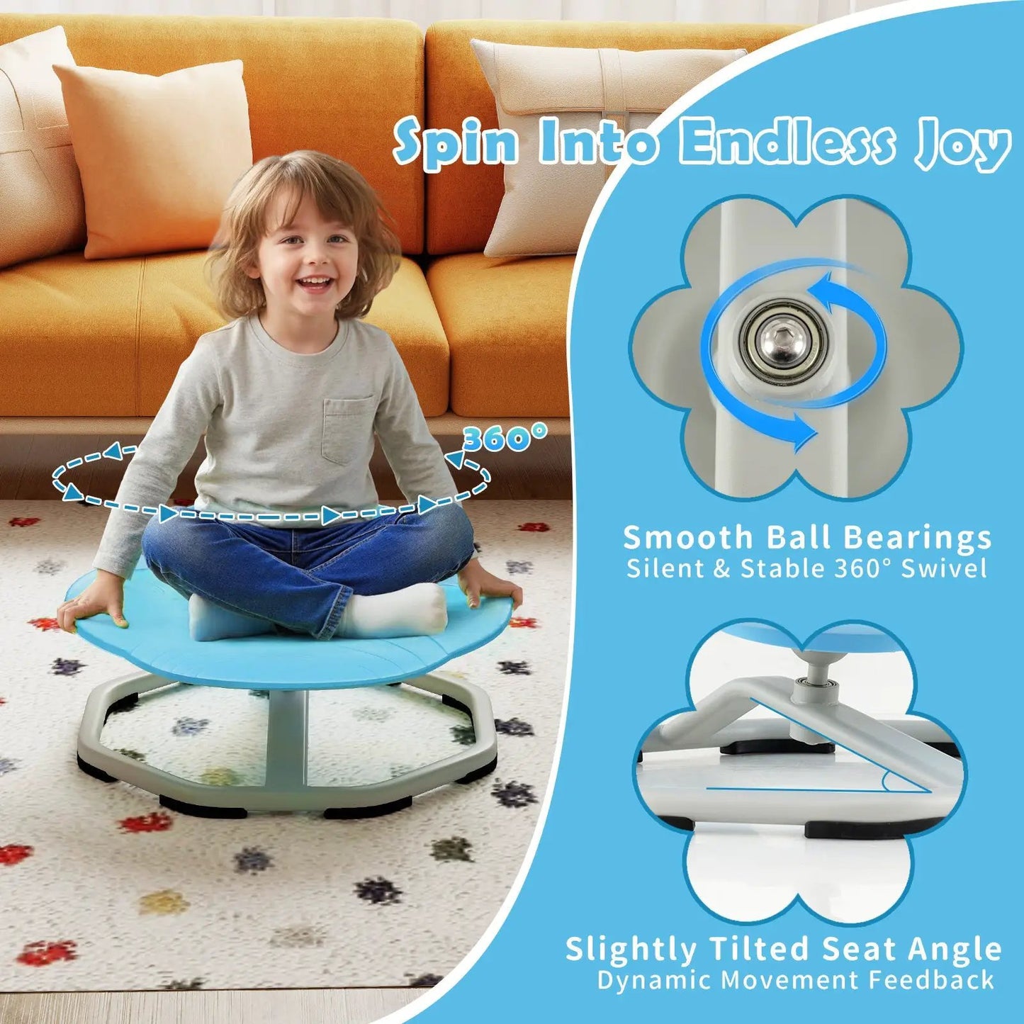 Kids sensory swivel chair with 360° spin base blue circular seat and child on Tampa Home & Garden Store
