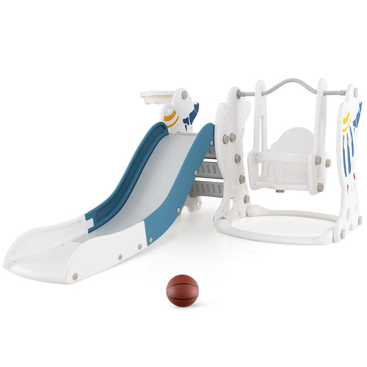 4-in-1 Kids Slide and Swing Set with Basketball Hoop-Blue - Tampa Home & Garden Store