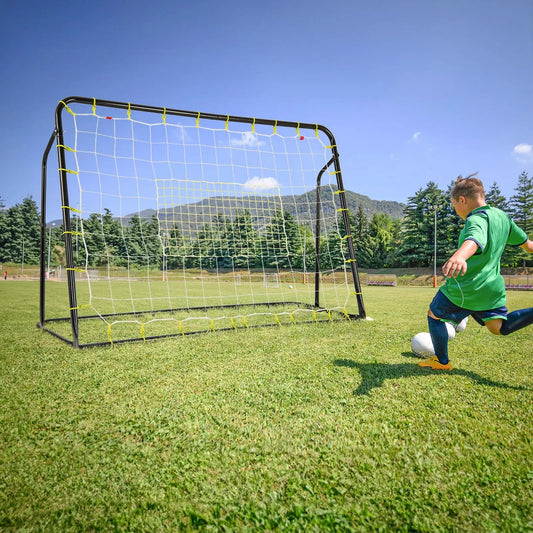 DirectDeals Kids 2-in-1 soccer rebounder and goal, adjustable height, black frame yellow ties on Tampa Home & Garden Store