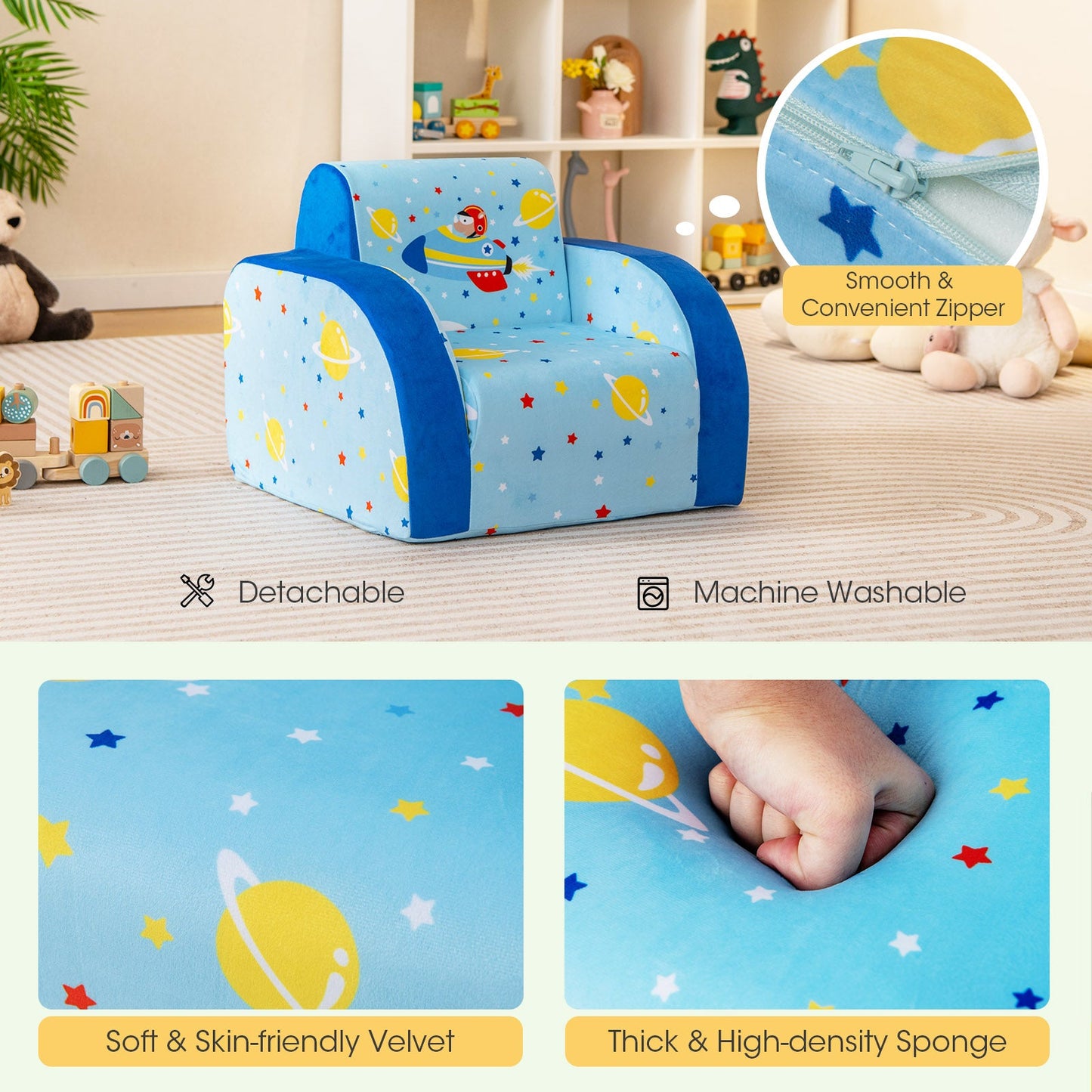 3 in 1 Convertible Kids Sofa Nap Play Sleep blue fabric with space rocket print on Tampa Home & Garden Store