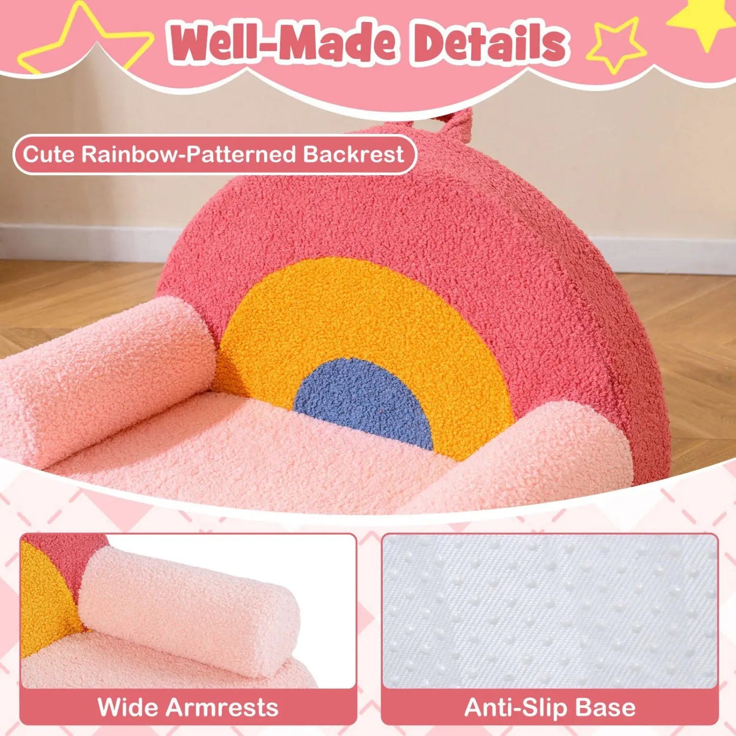 Kids sofa foam couch with pink fleece cover and rainbow-patterned backrest by DirectDeals on Tampa Home & Garden Store
