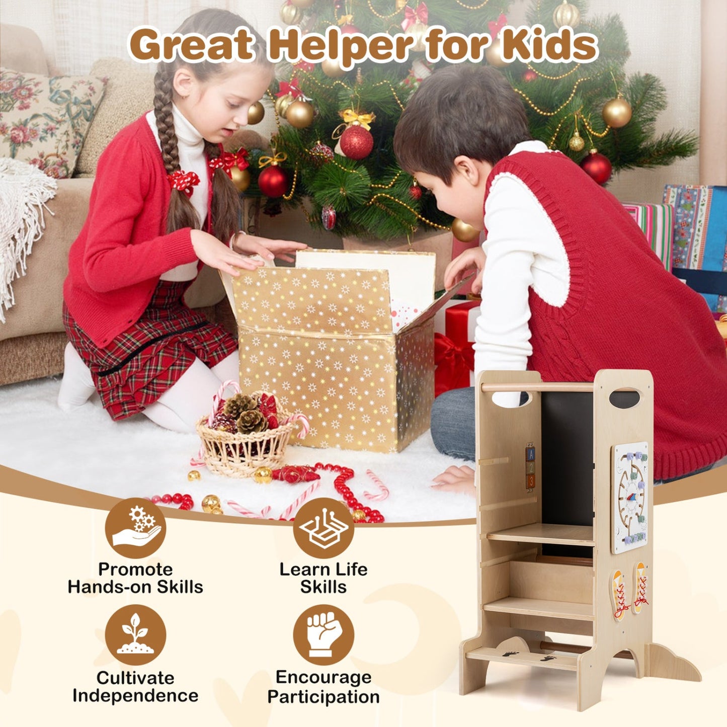 Kids Standing Tower with Chalkboard Montessori in natural wood, DirectDeals, ages 3+ on Tampa Home & Garden Store