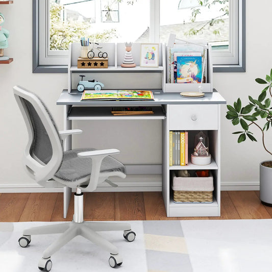 Kids Study Desk with Hutch and drawer in white/gray by DirectDeals with shelves on Tampa Home & Garden Store