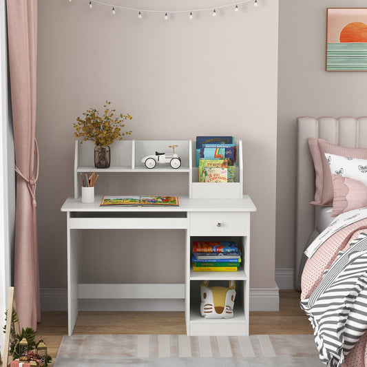 Kids Study Desk Children Writing Table with Hutch Drawer Shelves and Keyboard Tray-White - Tampa Home & Garden Store
