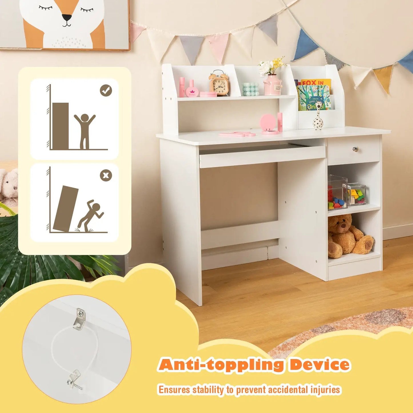 Kids Study Desk with Hutch and Keyboard Tray, white finish with shelves, anti-toppling graphic on Tampa Home & Garden Store