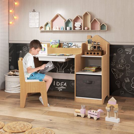 Kids Study Desk and Chair Set with Open Shelves Drawer and Fabric Storage Bin-Natural - Tampa Home & Garden Store