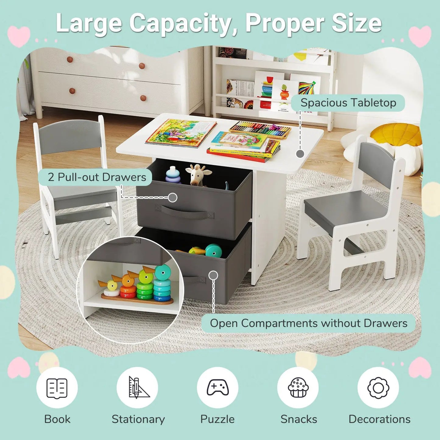 Kids Table and 2 Chairs Set With Drawers, white table with gray drawers, DirectDeals on Tampa Home & Garden Store