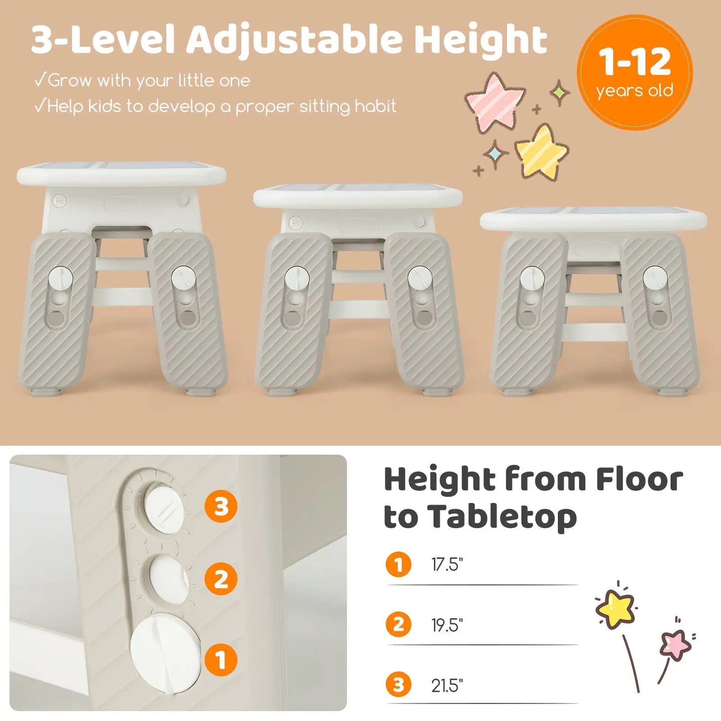Kids table & chair set with fliptop bookshelf white tops gray legs 3level height adjust 3-pack on Tampa Home & Garden Store