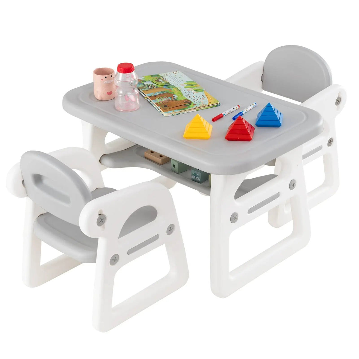 Kids table and chair set with building blocks DirectDeals, white gray plastic, two chairs on Tampa Home & Garden Store