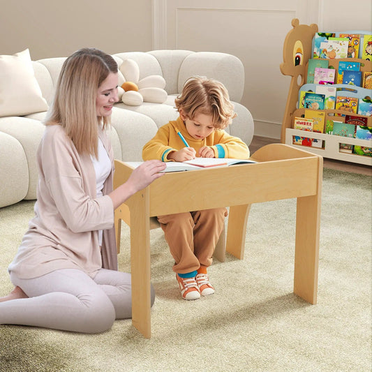 Wooden kids table and chair set with a wide tabletop in natural finish for kids room on Tampa Home & Garden Store