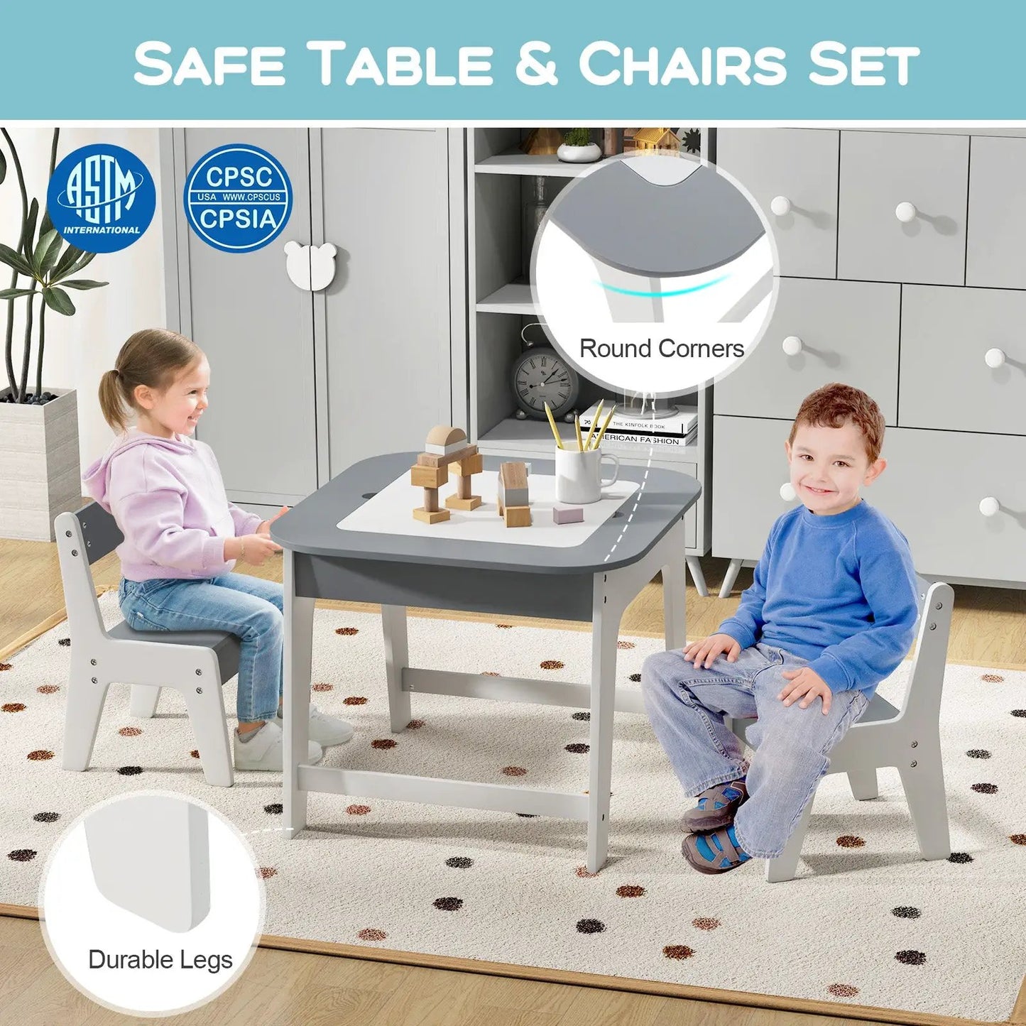 Kids table and 2 chairs set with double tabletop in gray, rounded corners, durable legs on Tampa Home & Garden Store