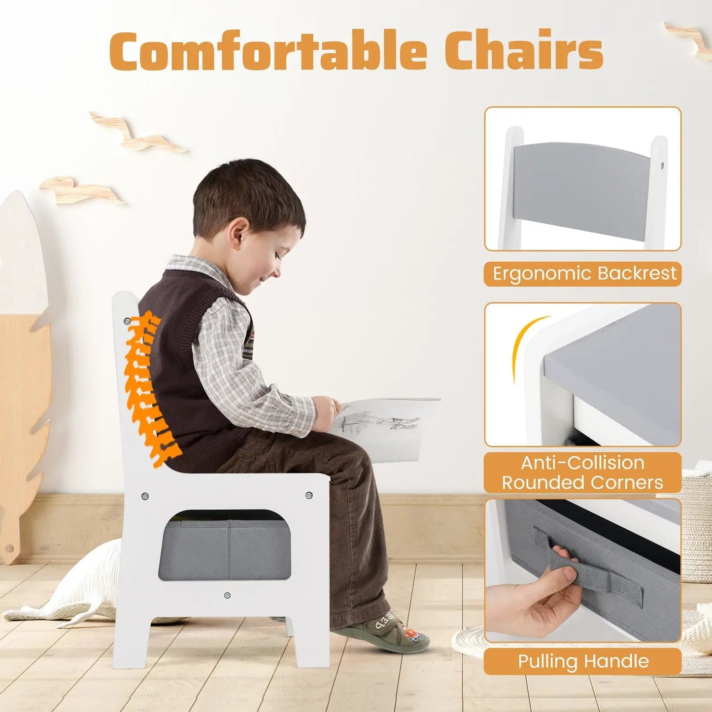 4 in 1 Toddler Table and Chairs Set white chair with orange spine backrest and gray tabletop on Tampa Home & Garden Store