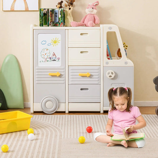 Bus-shaped kids toy storage cabinet with gray drawers and yellow handles on Tampa Home & Garden Store