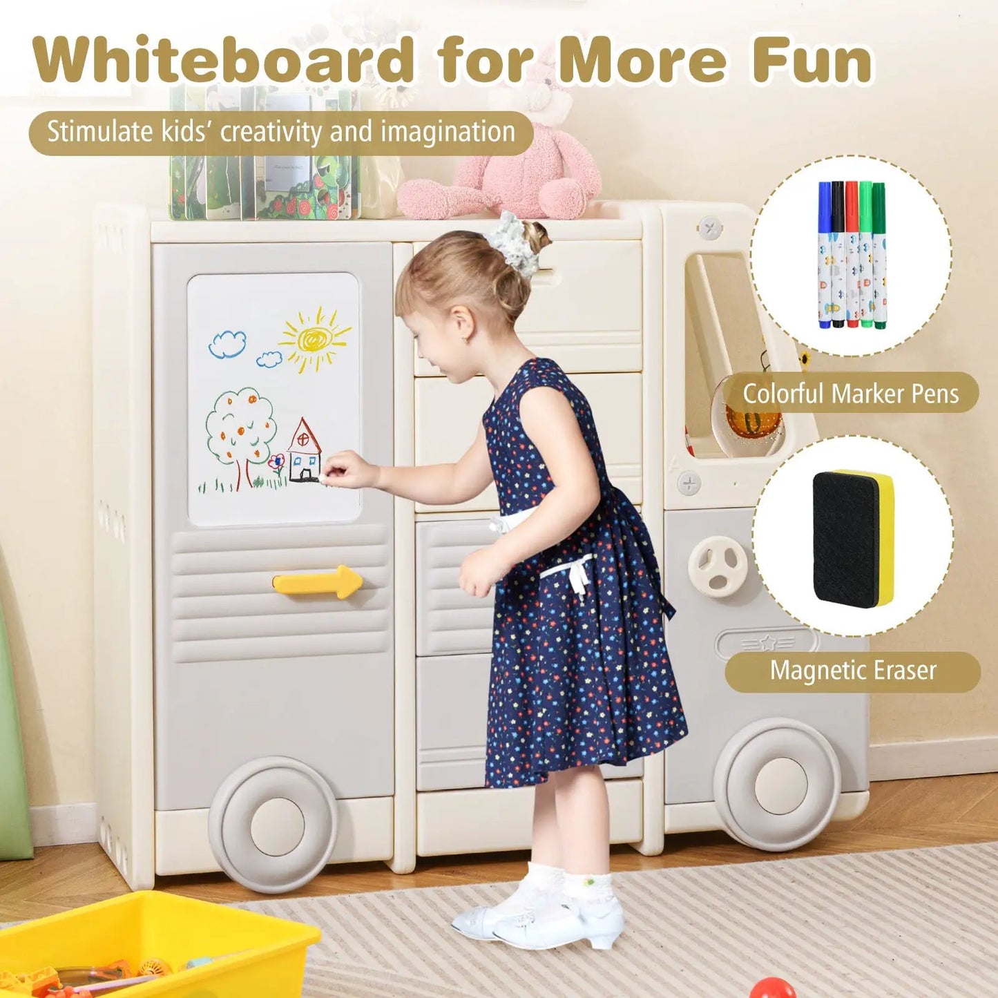 Two bus-shaped kids toy storage cabinets with gray pull-out drawers and wheels DirectDeals on Tampa Home & Garden Store