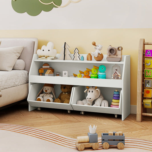 Kids Toy Storage Organizer Wooden Bookcase with 2 Movable Drawers - Tampa Home & Garden Store