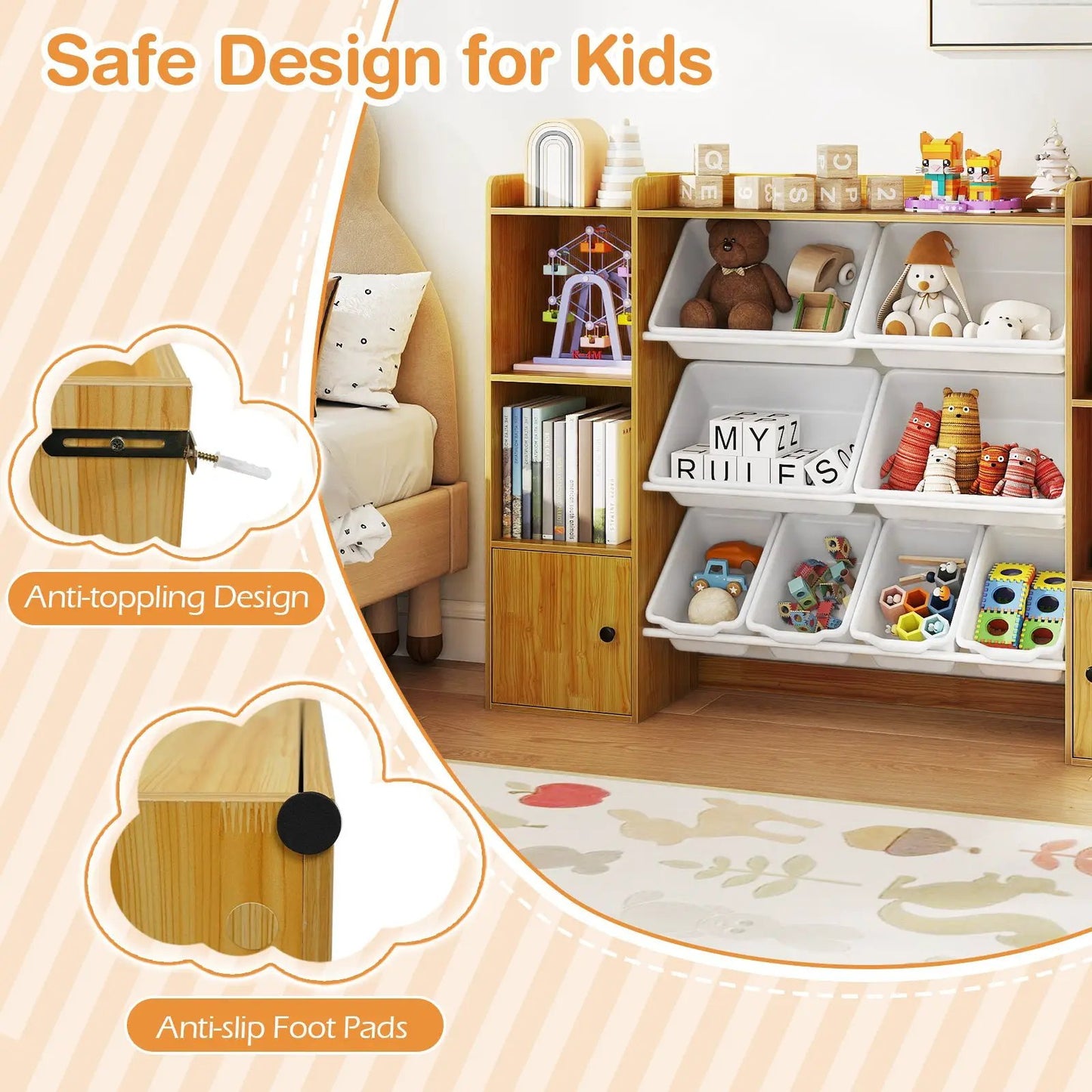 DirectDeals Kids Toy Storage and Bookshelf with Open Shelves and white bins for toys on Tampa Home & Garden Store