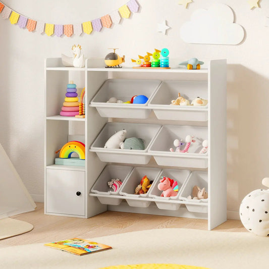 Kids Toy Storage and Bookshelf With Open Shelves white unit with clear bins for toy sorting on Tampa Home & Garden Store