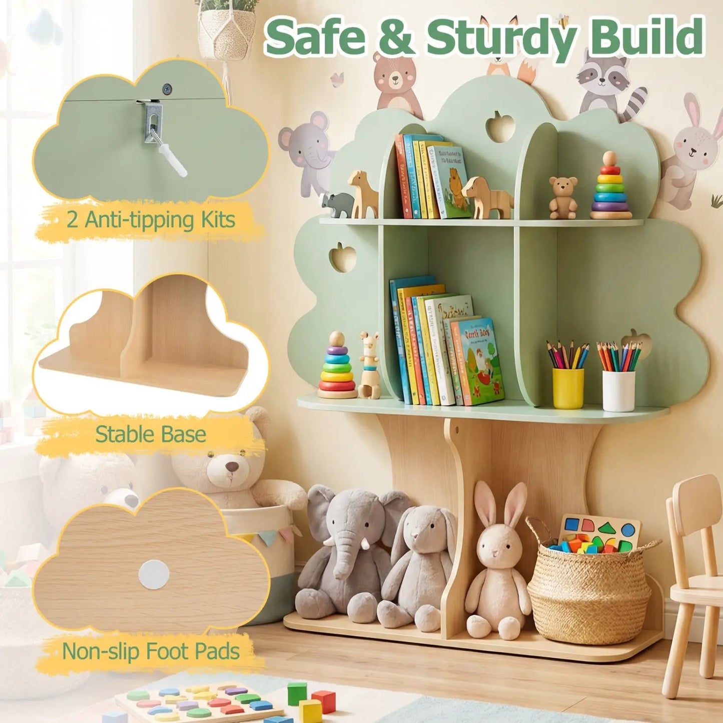Kids Tree Bookshelf 45 Inch Tall Open Shelves green wooden design DirectDeals ladder shelf on Tampa Home & Garden Store