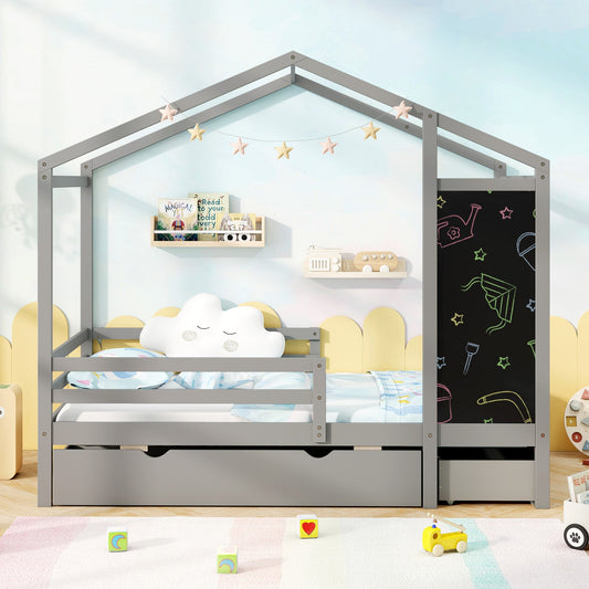 Kids Twin Size Bed with 2 Drawers Solid Wood Bed with Blackboard - Tampa Home & Garden Store