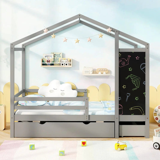 DirectDeals Kids Twin Size Cabin Bed with 2 Drawers and Blackboard in gray wood on Tampa Home & Garden Store