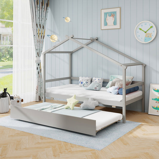 Kids Twin Size House Bed with Trundle and Roof-Gray - Tampa Home & Garden Store