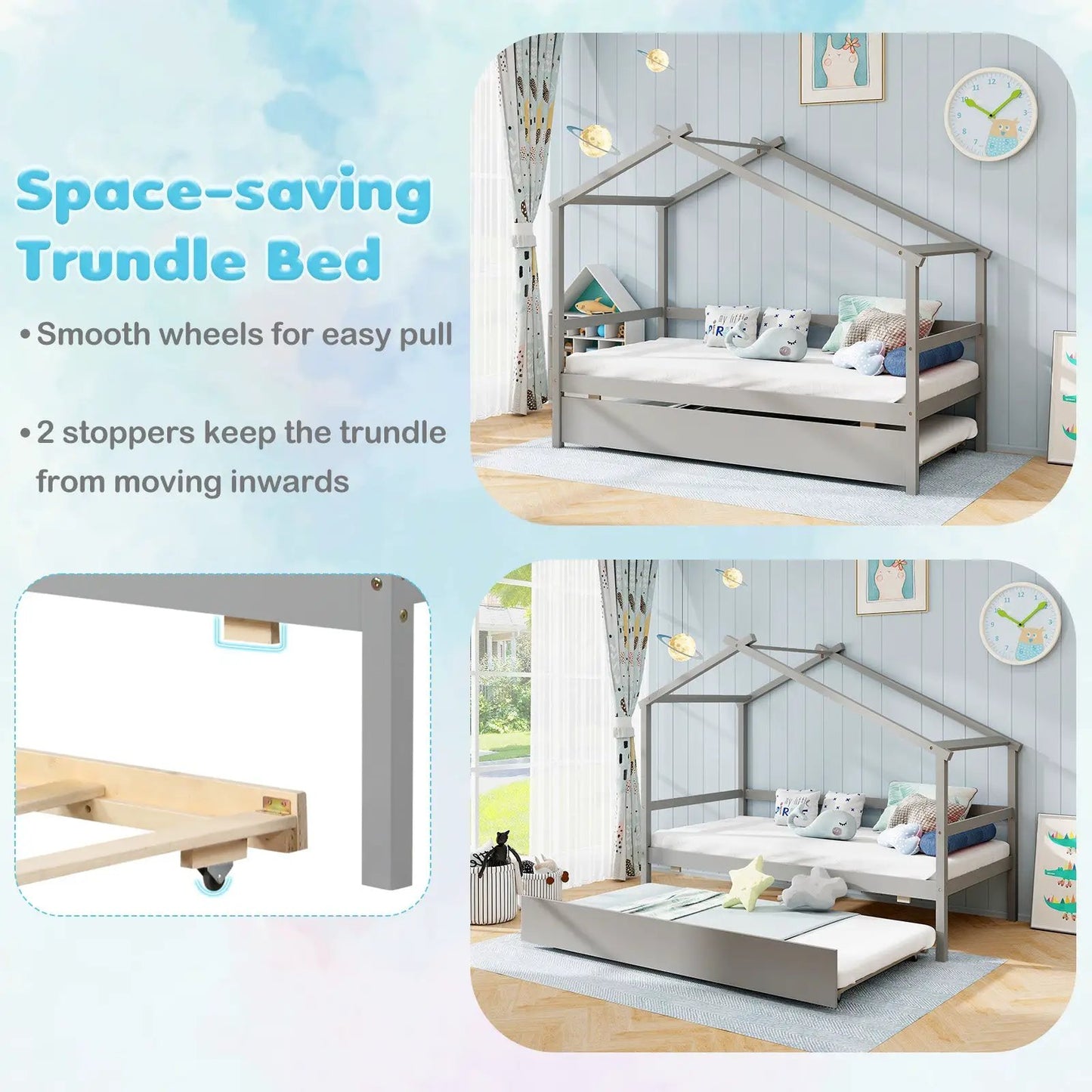 Kids Twin Size House Bed with Trundle and Roof-Gray - Tampa Home & Garden Store