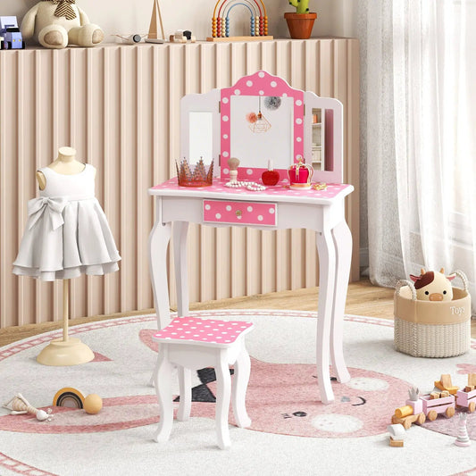 Princess Pretend Makeup Dressing Table with pink polka dot top and matching stool on Tampa Home & Garden Store