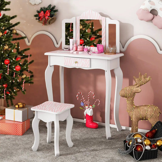 Kids vanity set with drawer in white and pink stripes, triple-mirror vanity with pink accents on Tampa Home & Garden Store