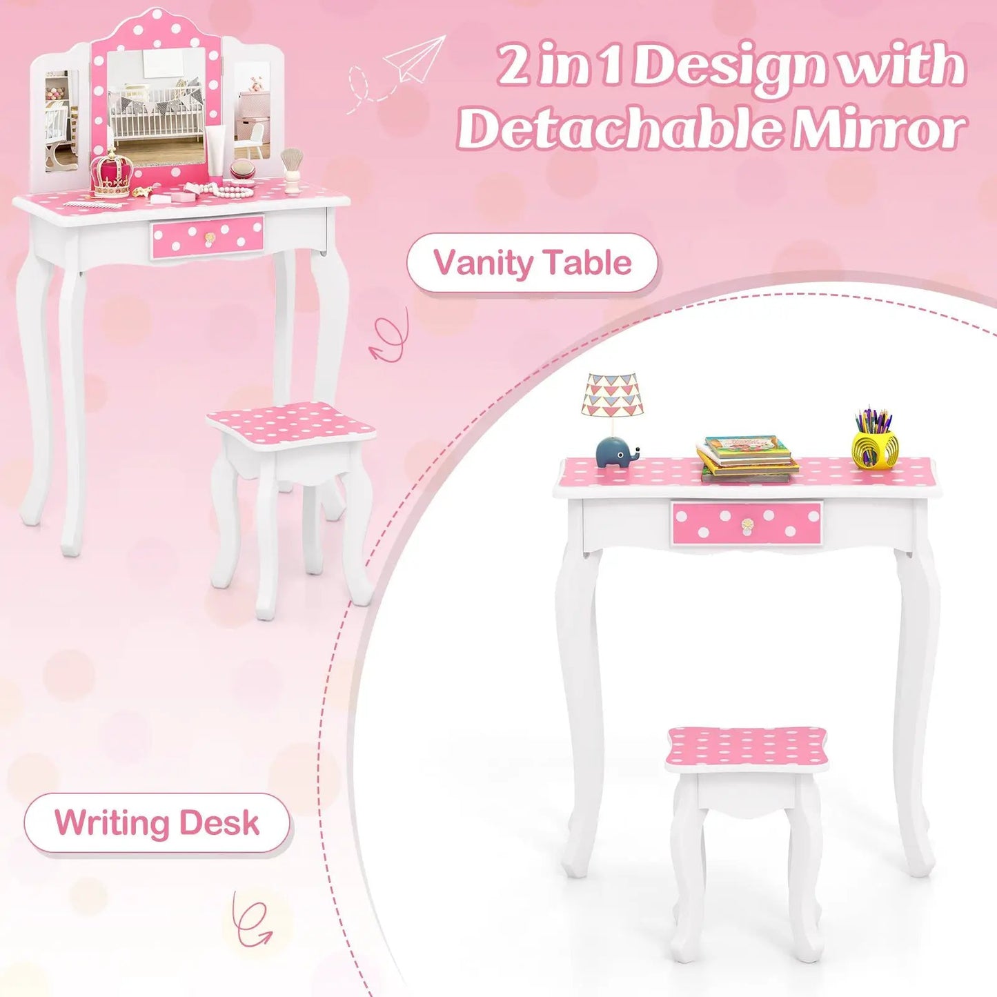 Princess pretend makeup vanity table set with pink polka dot top and matching stool on Tampa Home & Garden Store