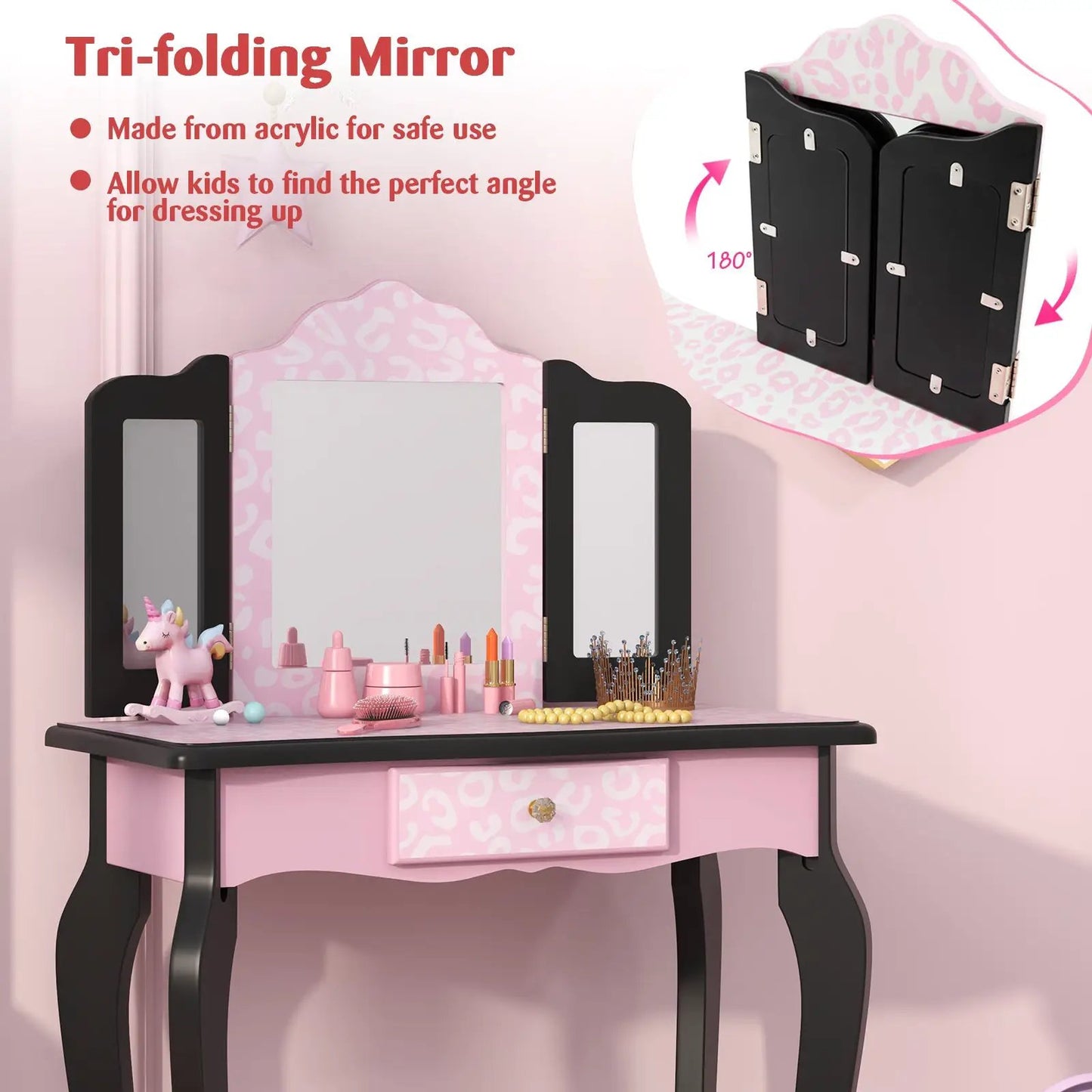 2-in-1 princess dressing table desk with pink leopard print panels and tri-fold mirror on Tampa Home & Garden Store