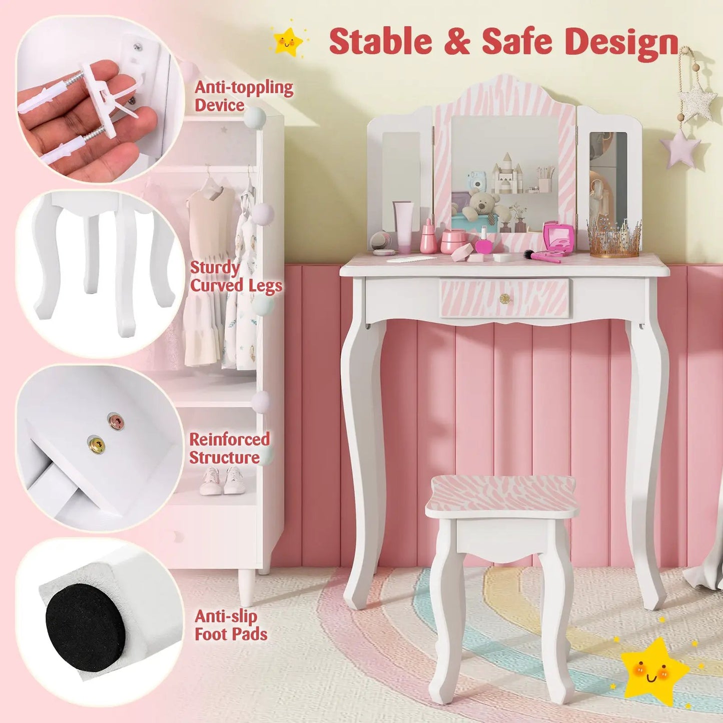 Kids Vanity Set with Drawer and Pink Accessories, white vanity with pink stool on Tampa Home & Garden Store